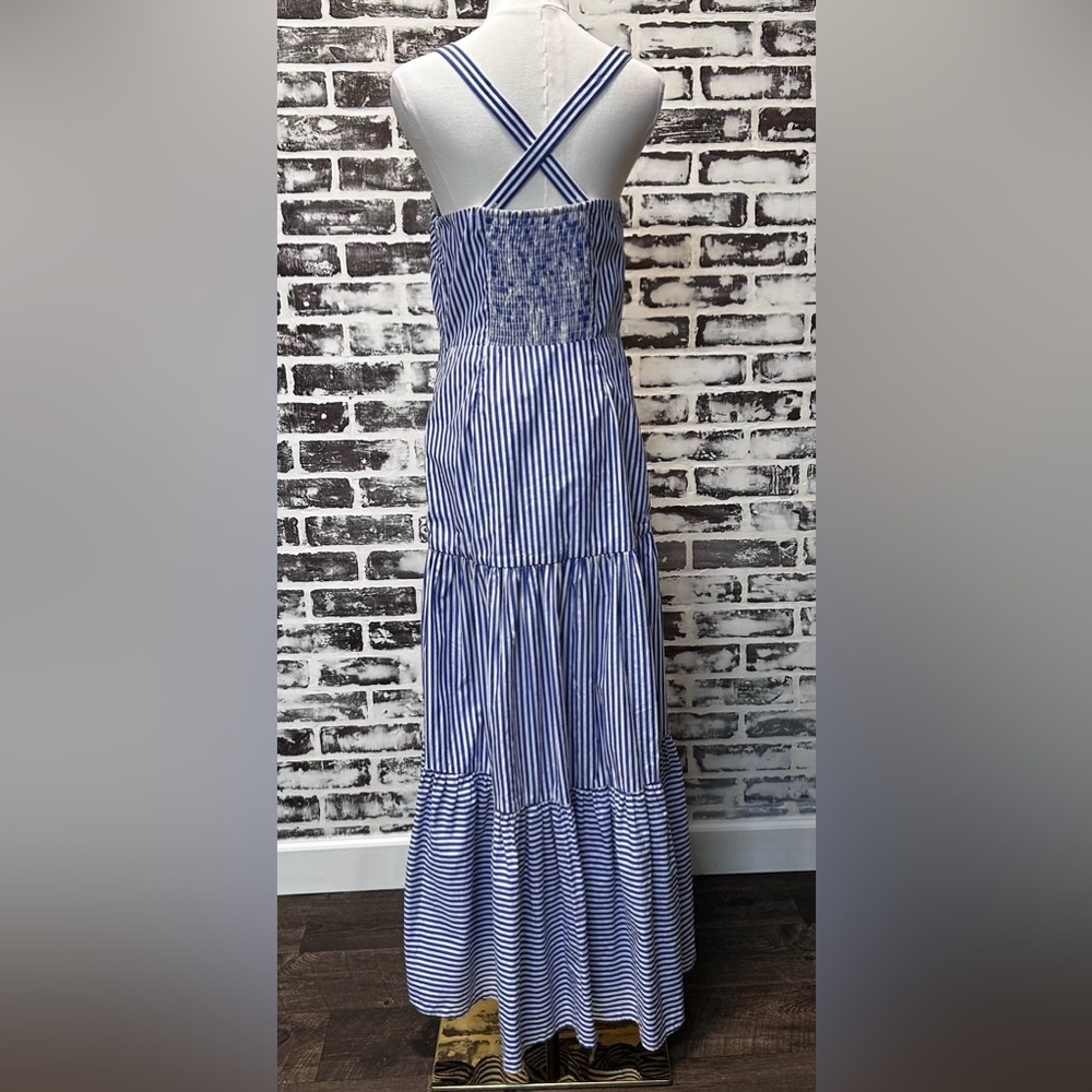 Coastal Nautical Striped Dropped Waist Tiered Ruffle Hi Lo Dress Sz 8 - Picture 5 of 8